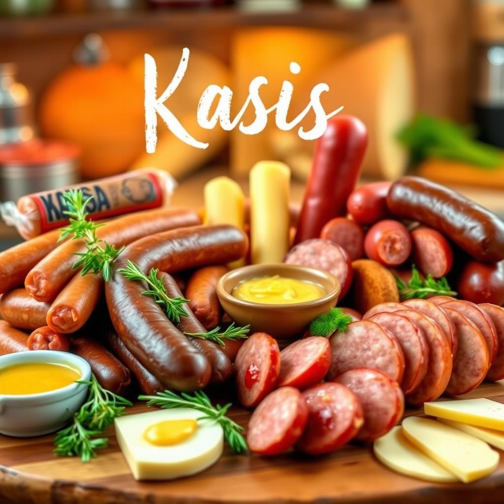 A visually striking display of various Kasis sausage products, showcasing an array of delicious sausages in different sizes and varieties, presented on a wooden charcuterie board
