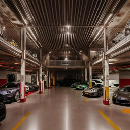 A lavish garage in a billionaire's bungalow, filled with luxury cars