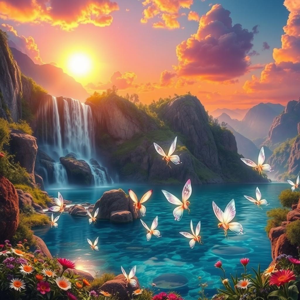 A stunning fantasy landscape featuring a radiant sunset casting vibrant orange and purple hues across the sky
