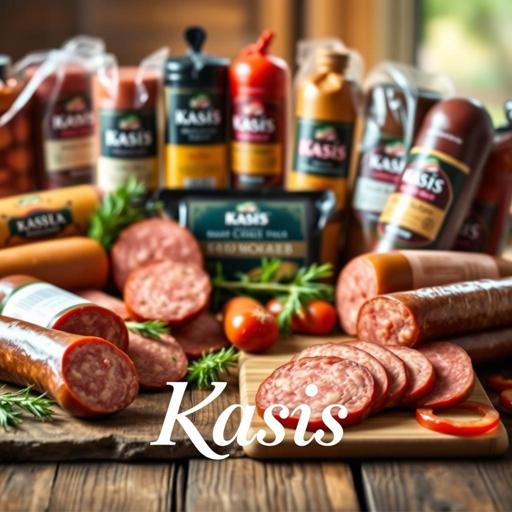A visually appealing arrangement of various Kasis sausage products displayed on a rustic wooden table