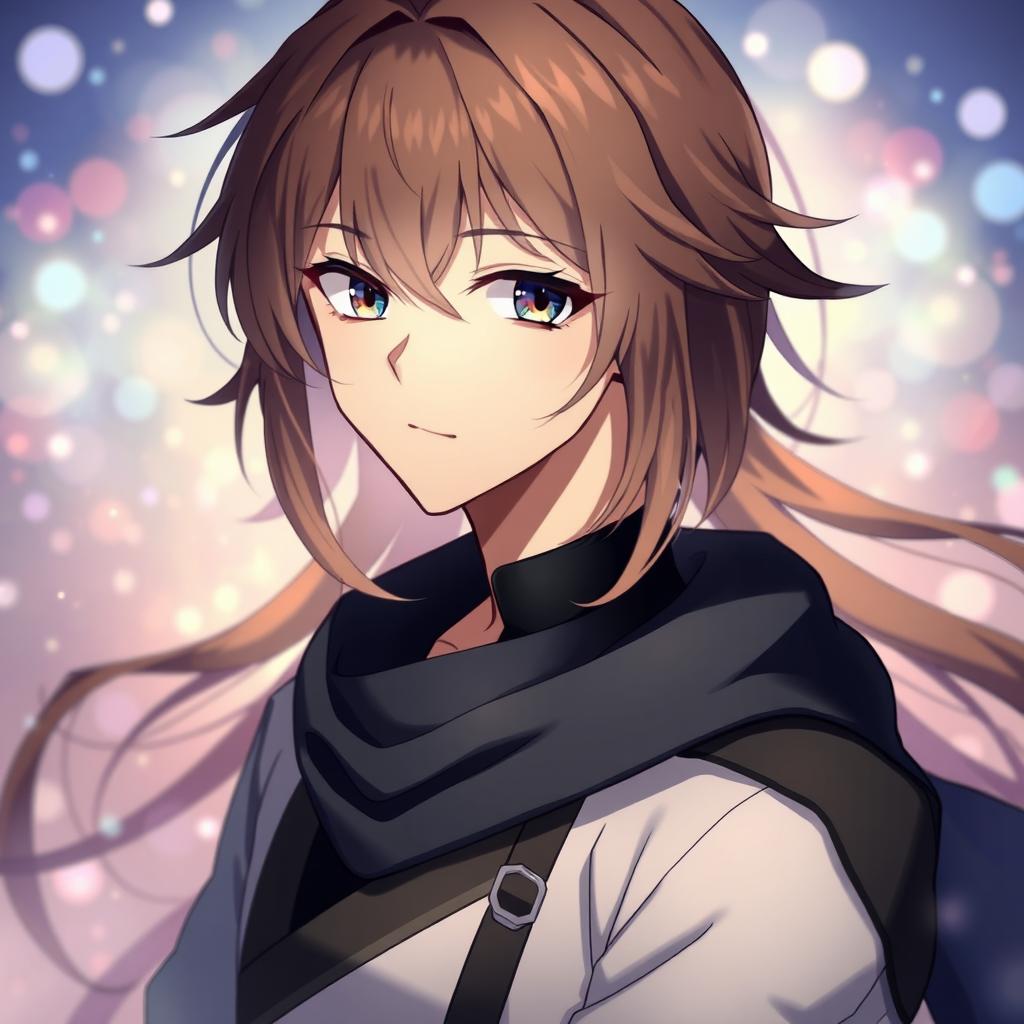 A beautiful anime male character with mid-length, flowing hair, wearing a stylish outfit that showcases his personality