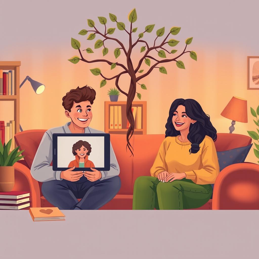 A warm and intimate scene depicting two friends connecting over a video call