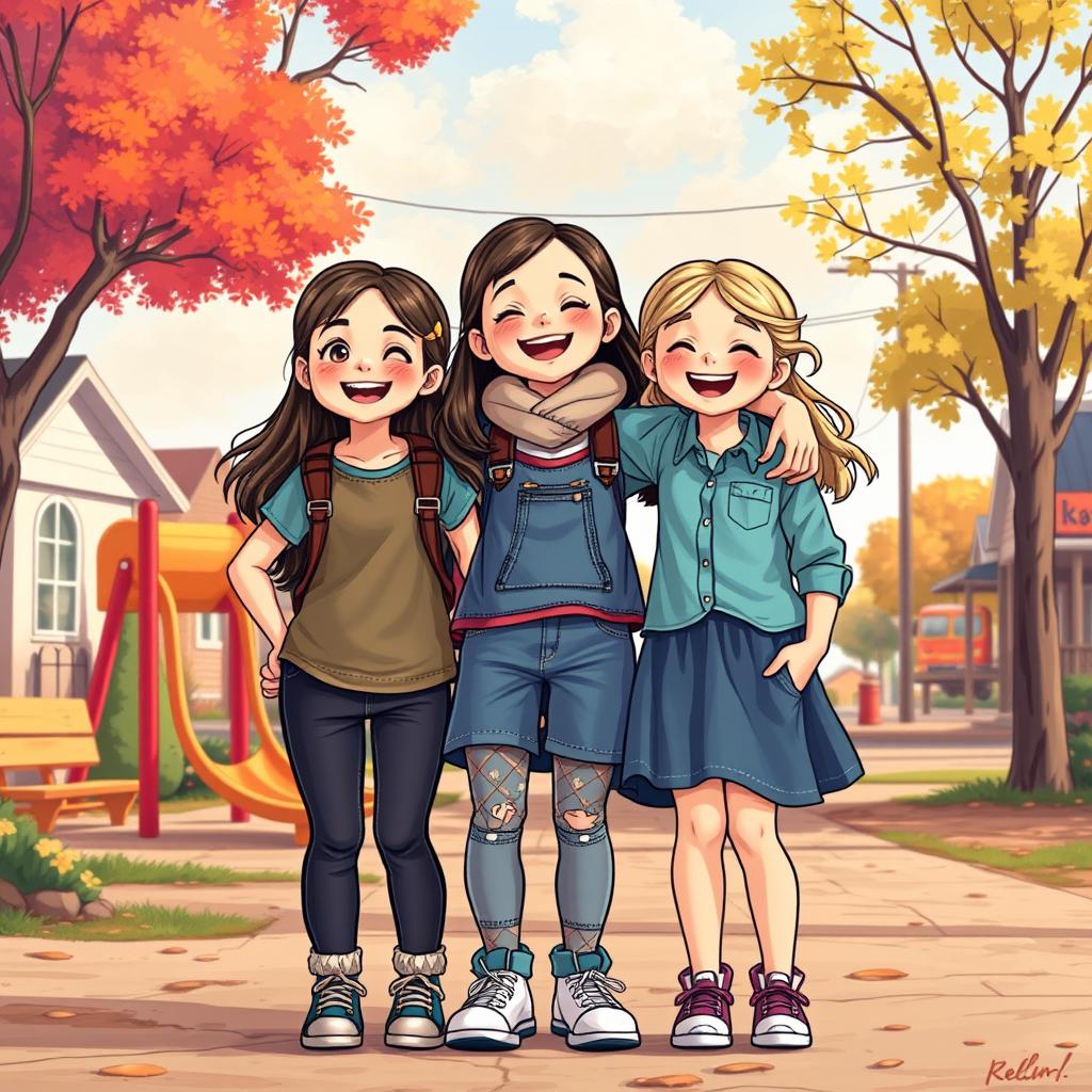 A nostalgic scene depicting three girls, Sarah, Maya, and Chloe, standing together in their small town, embodying their inseparable bond since kindergarten