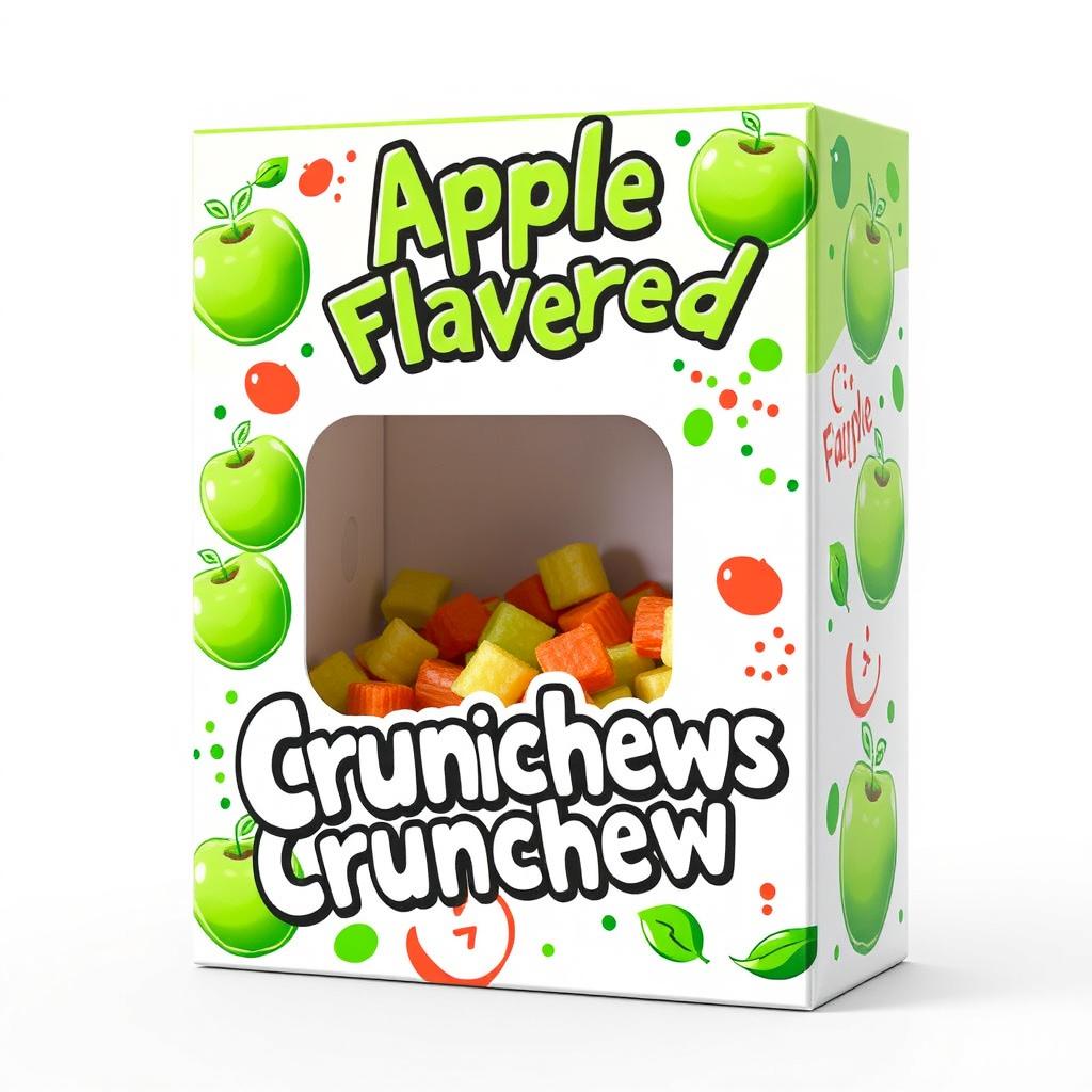 A vibrant and enticing candy display box designed for apple flavored crunchews