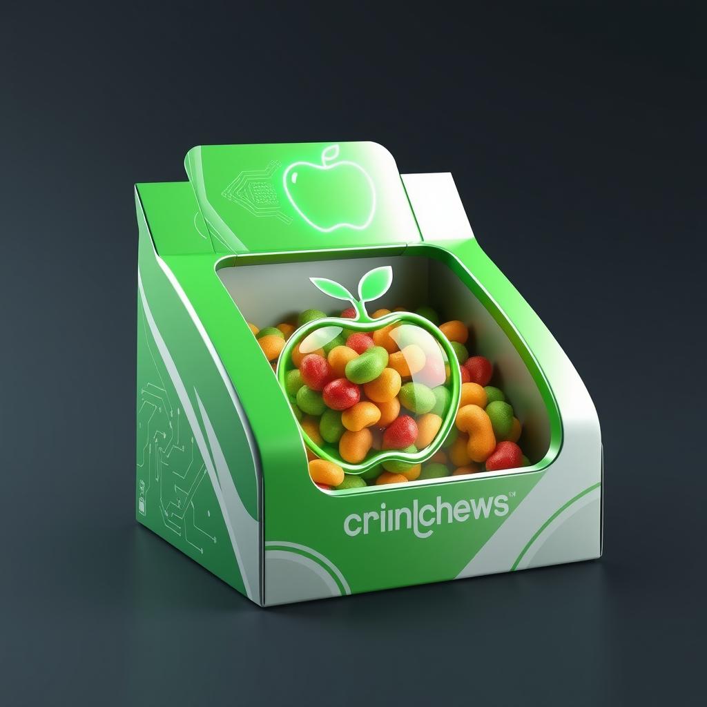 A candy display box for apple-flavored crunchews designed with a futuristic theme