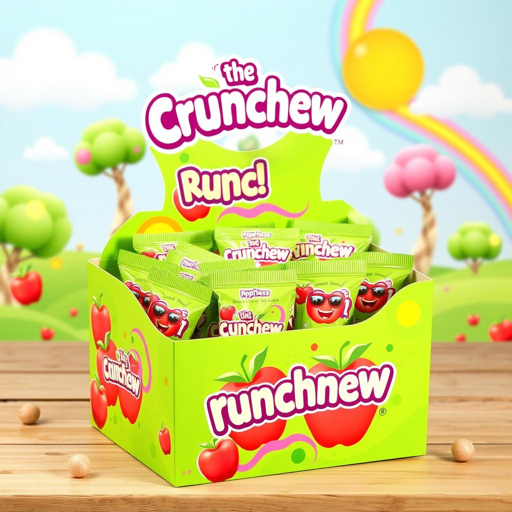 A vibrant candy display box for apple-flavored crunchews, designed with a fun and wild theme
