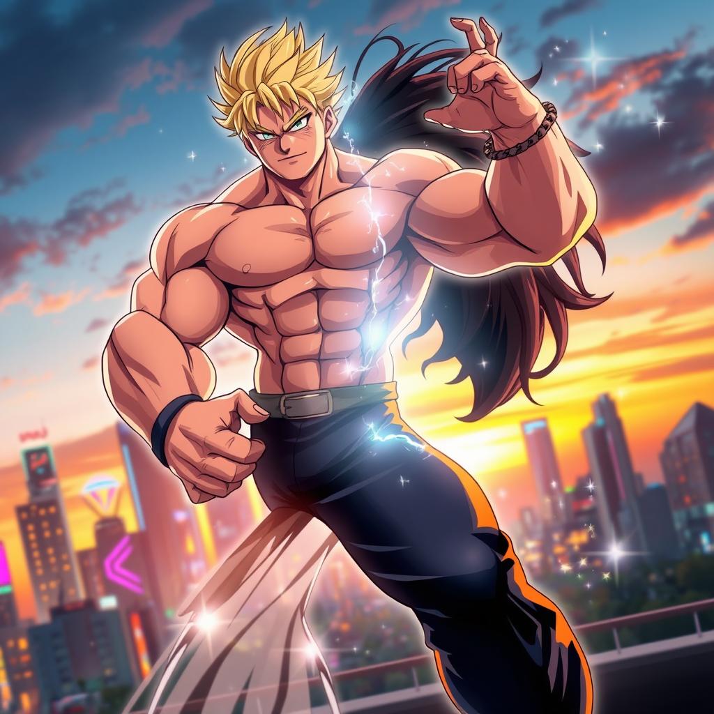 A dynamic scene depicting a character transforming dramatically, showcasing a body change
