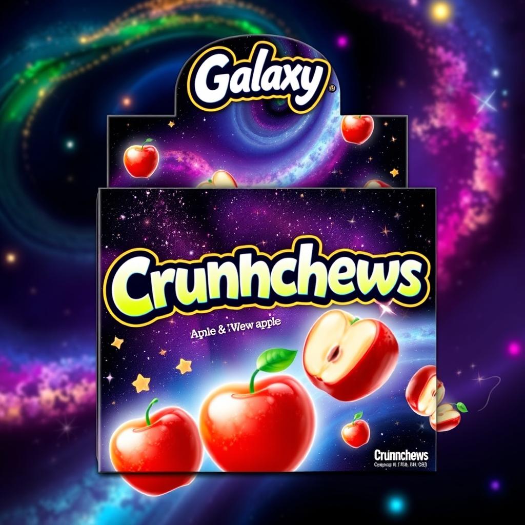 A visually stunning candy display box designed for apple-flavored crunchews, incorporating a vibrant Galaxy theme