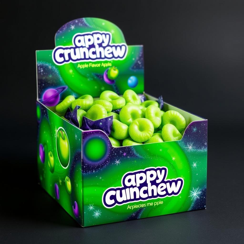 A vibrant green candy display box, designed specifically for apple-flavored crunchews, incorporating a captivating Galaxy theme