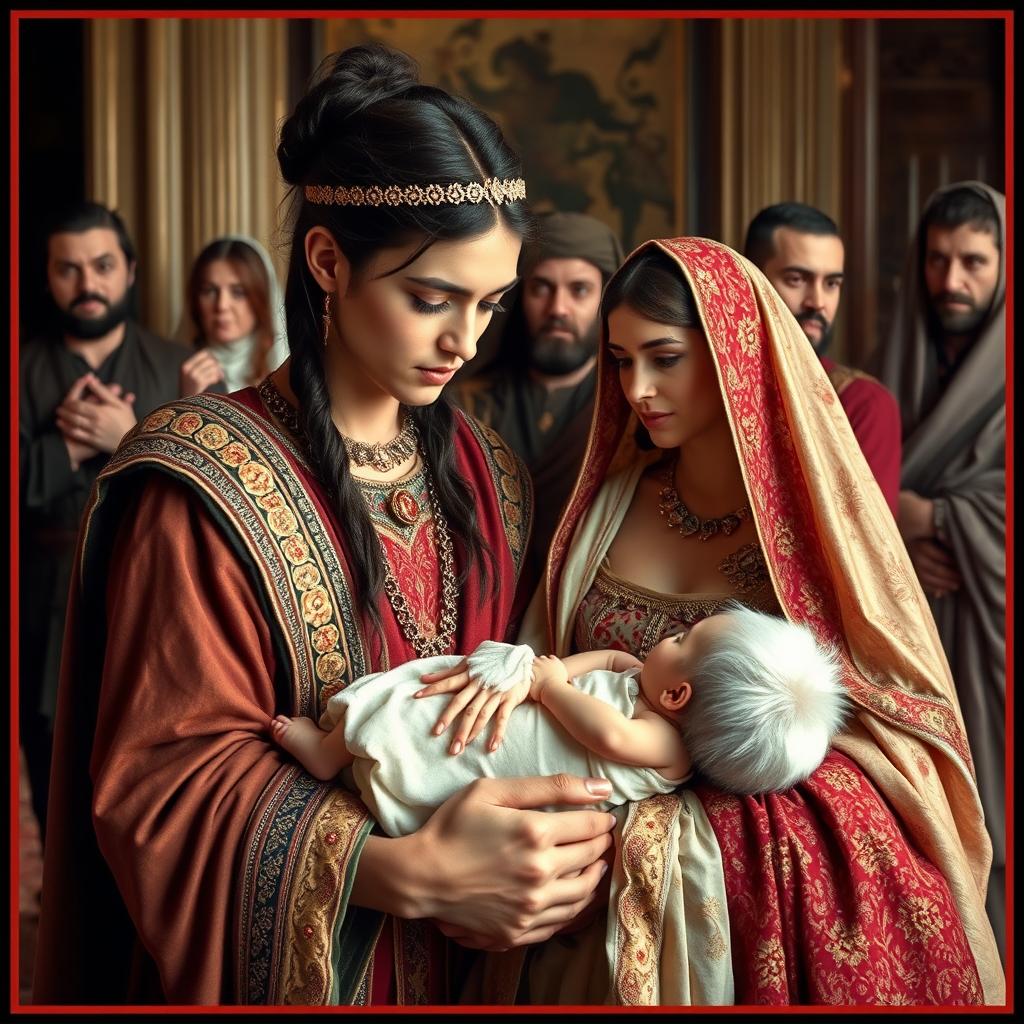 A young Iranian queen and king in traditional ancient attire, the king's arm tenderly draped over the queen's shoulder as he embraces her