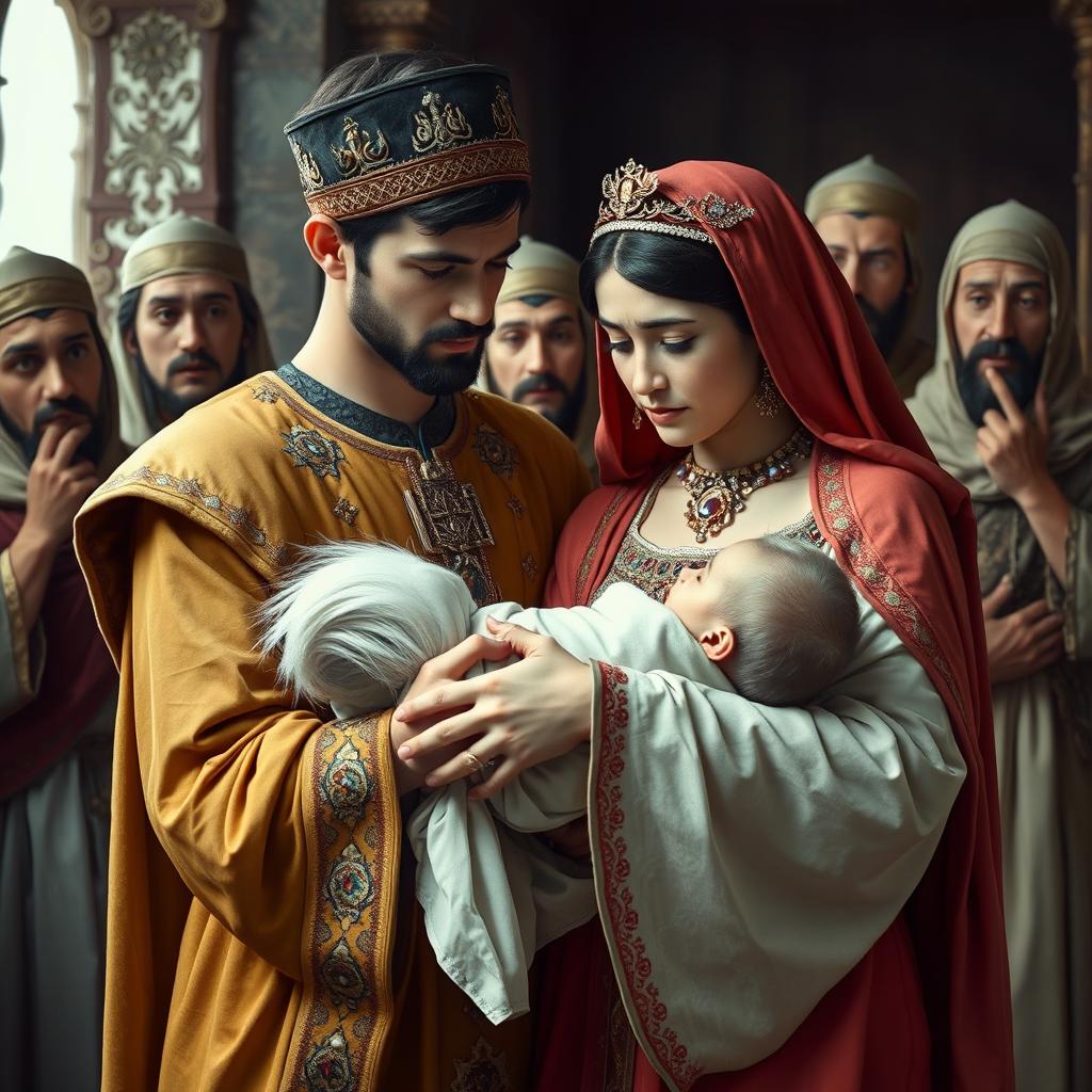 A young Iranian king and queen in traditional Iranian attire, the king holding the queen close with a gentle embrace