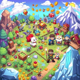 A vibrant and colorful illustration of a variety of classic video game characters from different genres, such as a pixelated knight with a sword, a cartoonish space fighter pilot, a cute and fluffy animal from a platformer, and a fierce warrior from an RPG, all interacting in a sprawling, fantastical gaming world filled with elements like power-ups, treasure chests, and whimsical landscapes transitioning from lush forests to icy mountains