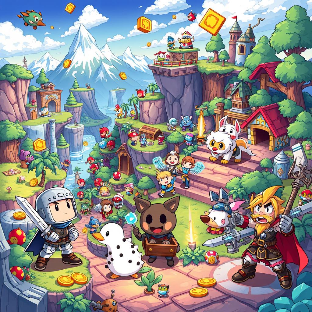 A vibrant and colorful illustration of a variety of classic video game characters from different genres, such as a pixelated knight with a sword, a cartoonish space fighter pilot, a cute and fluffy animal from a platformer, and a fierce warrior from an RPG, all interacting in a sprawling, fantastical gaming world filled with elements like power-ups, treasure chests, and whimsical landscapes transitioning from lush forests to icy mountains