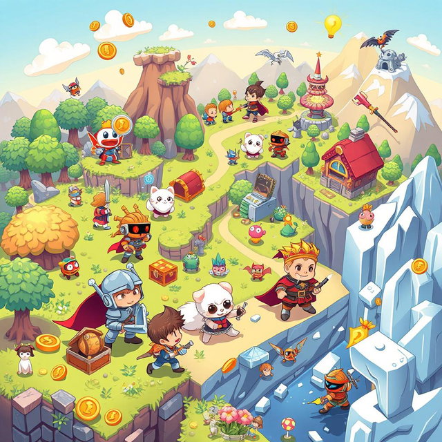 A vibrant and colorful illustration of a variety of classic video game characters from different genres, such as a pixelated knight with a sword, a cartoonish space fighter pilot, a cute and fluffy animal from a platformer, and a fierce warrior from an RPG, all interacting in a sprawling, fantastical gaming world filled with elements like power-ups, treasure chests, and whimsical landscapes transitioning from lush forests to icy mountains