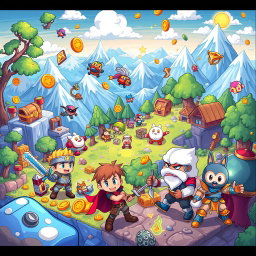 A vibrant and colorful illustration of a variety of classic video game characters from different genres, such as a pixelated knight with a sword, a cartoonish space fighter pilot, a cute and fluffy animal from a platformer, and a fierce warrior from an RPG, all interacting in a sprawling, fantastical gaming world filled with elements like power-ups, treasure chests, and whimsical landscapes transitioning from lush forests to icy mountains