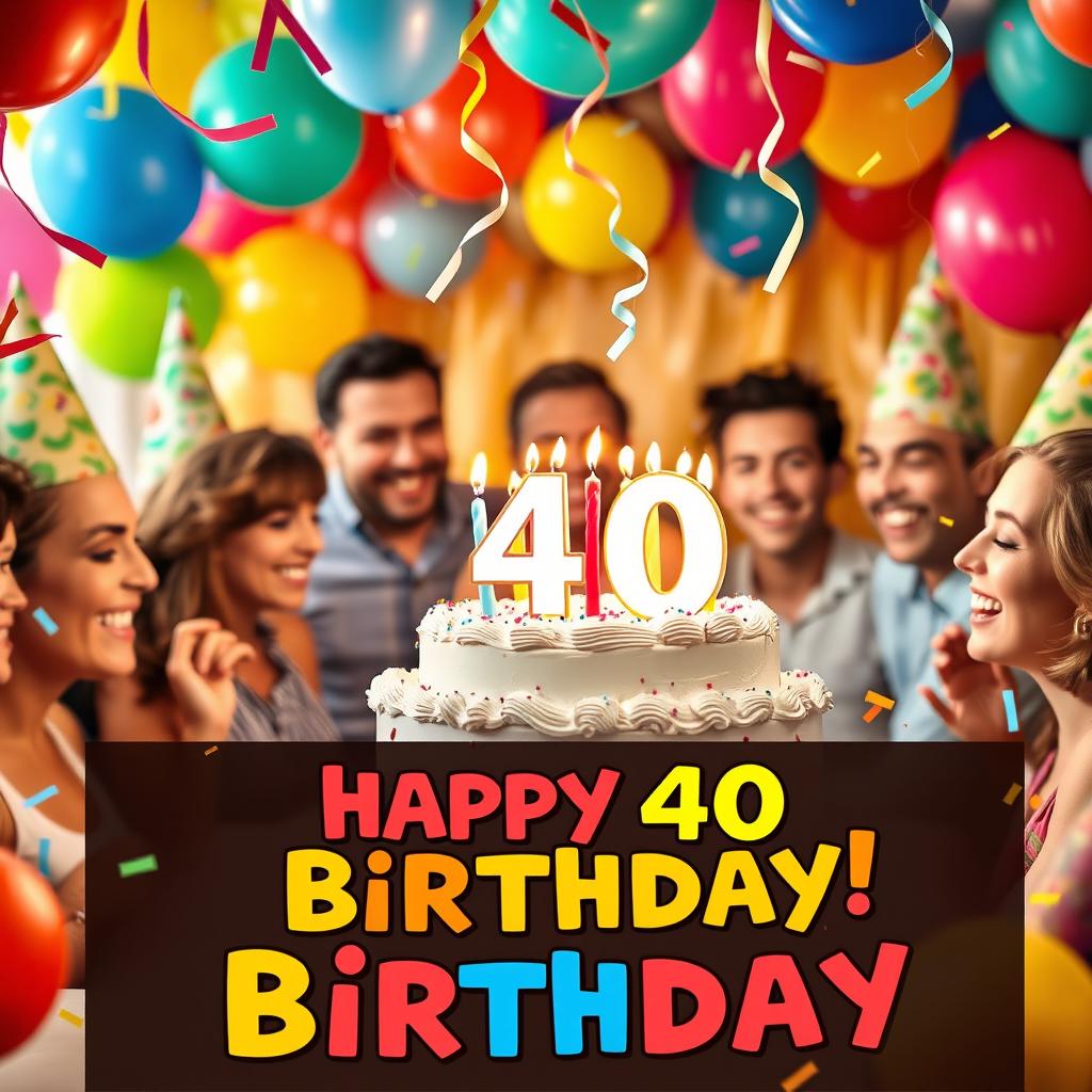 A vibrant and joyful birthday celebration theme for a 40th birthday, featuring a beautifully decorated birthday cake topped with candles, colorful balloons, streamers, and a festive setting