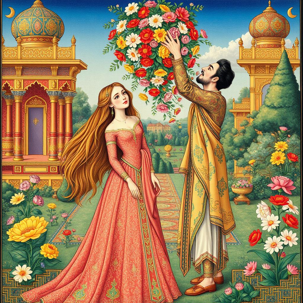 An intricate Iranian miniature painting depicting a joyful wedding scene