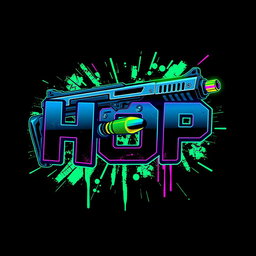 An edgy, streetwear-style T-shirt design featuring bold text 'HOP' combined with a stylized futuristic gun graphic