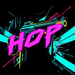 An edgy, streetwear-style T-shirt design featuring bold text 'HOP' combined with a stylized futuristic gun graphic