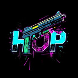 An edgy, streetwear-style T-shirt design featuring bold text 'HOP' combined with a stylized futuristic gun graphic