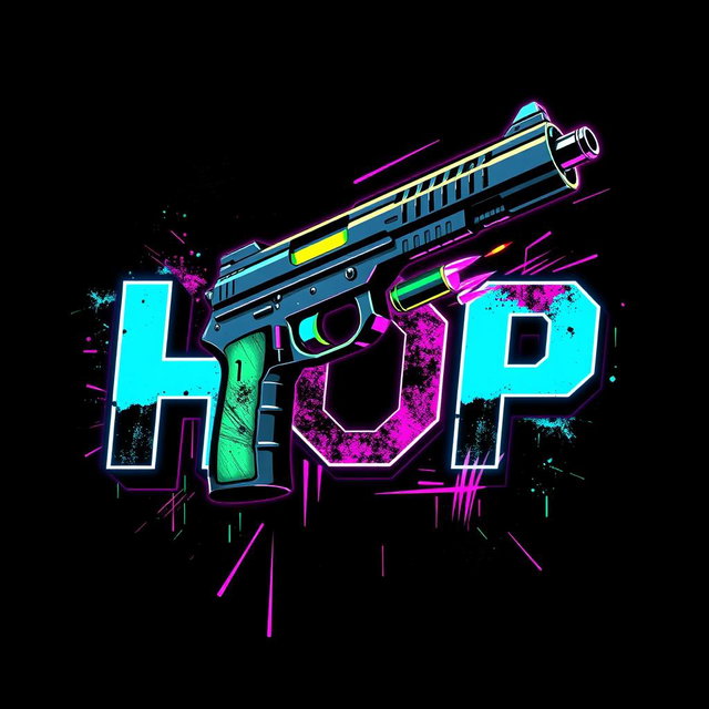An edgy, streetwear-style T-shirt design featuring bold text 'HOP' combined with a stylized futuristic gun graphic