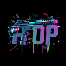An edgy, streetwear-style T-shirt design featuring bold text 'HOP' combined with a stylized futuristic gun graphic