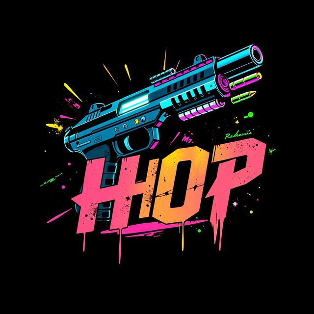 An edgy, streetwear-style T-shirt design featuring bold text 'HOP' combined with a stylized futuristic gun graphic