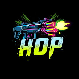 An edgy, streetwear-style T-shirt design featuring bold text 'HOP' combined with a stylized futuristic gun graphic