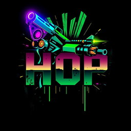 An edgy, streetwear-style T-shirt design featuring bold text 'HOP' combined with a stylized futuristic gun graphic