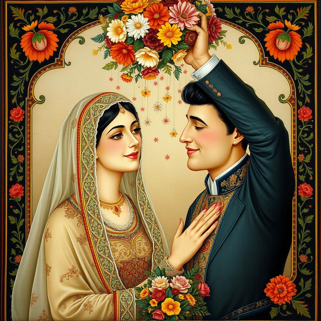 An exquisite Iranian miniature painting showcasing a joyful wedding scene between a woman and her lover