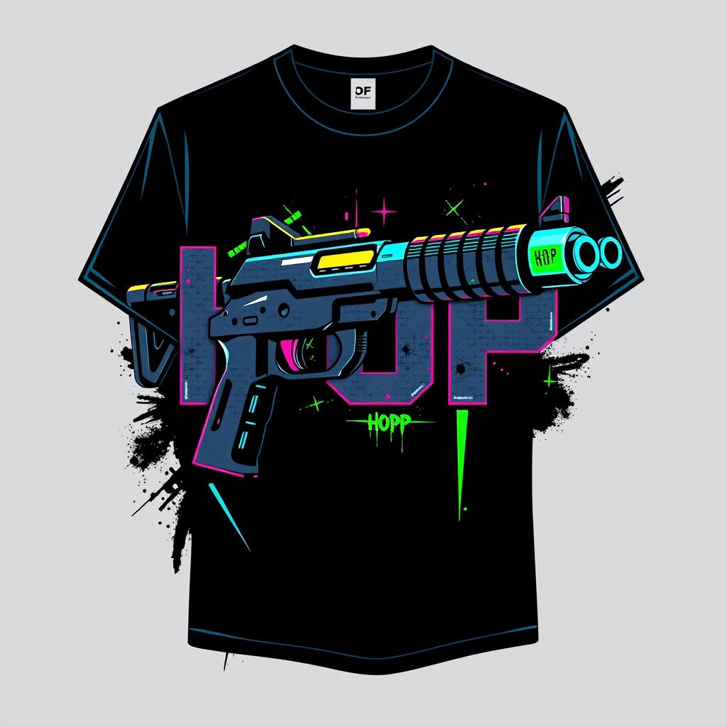 Design an edgy, streetwear-style T-shirt featuring bold text 'HOP' combined with a stylized futuristic gun graphic