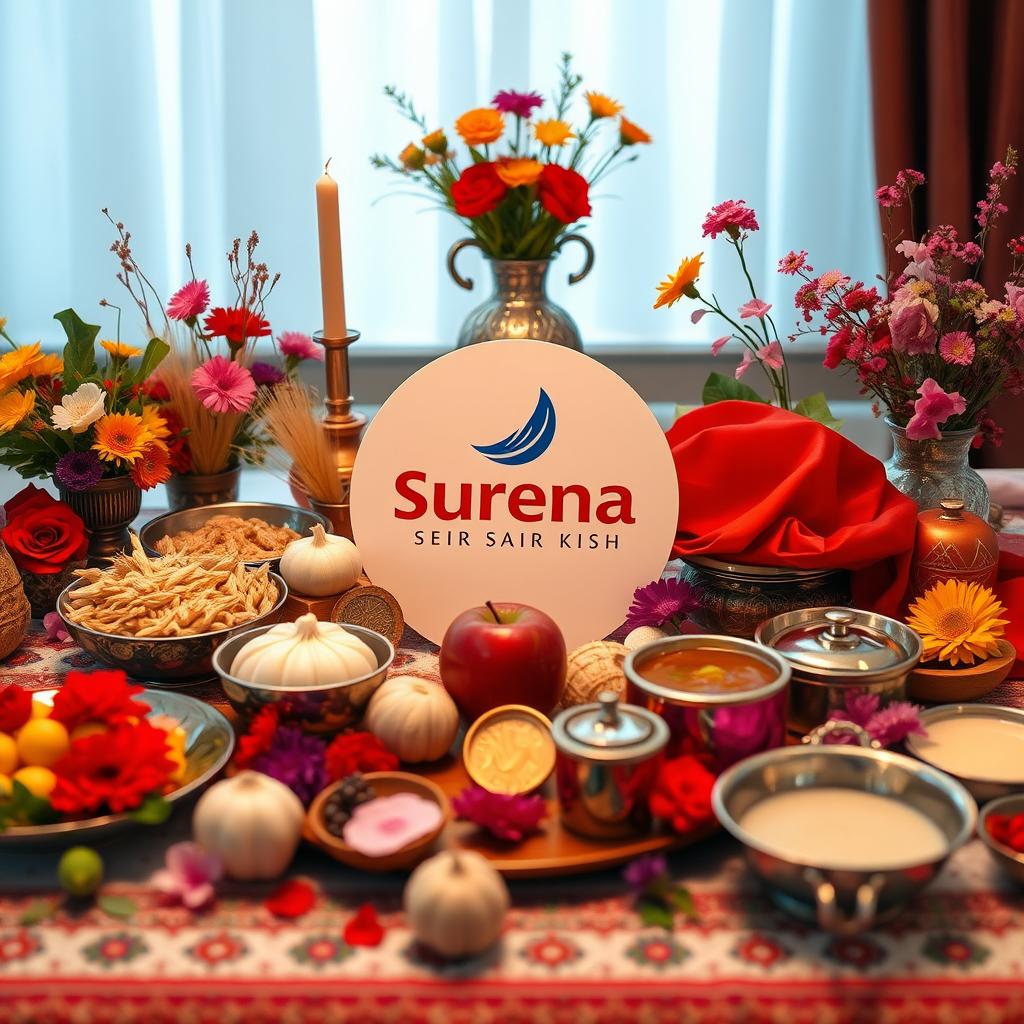 A beautifully crafted Haft-Seen table setting for the Persian New Year (Nowruz), featuring the traditional elements of Haft-Seen such as Sabzeh (sprouted wheat), Samanu (sweet pudding), Seer (garlic), Seeb (apple), Somagh (sumac), Serkeh (vinegar), and Sekkeh (coin)