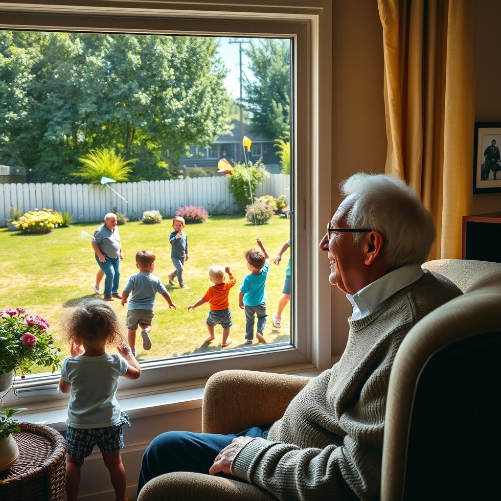 A heartwarming scene of a grandfather watching through a large window as his family plays together in the yard