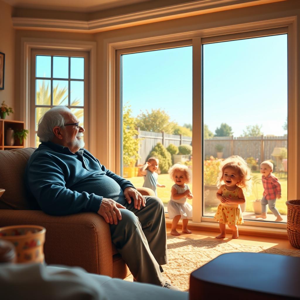 A serene scene depicting a grandfather sitting comfortably in a cozy living room, watching joyfully as his family, including playful grandchildren, engage in fun activities together outside through a large window