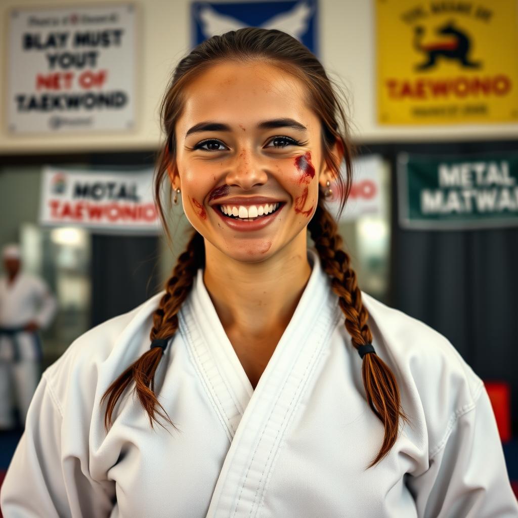 A strong female taekwondo fighter with a bruised face, smiling confidently despite her injuries