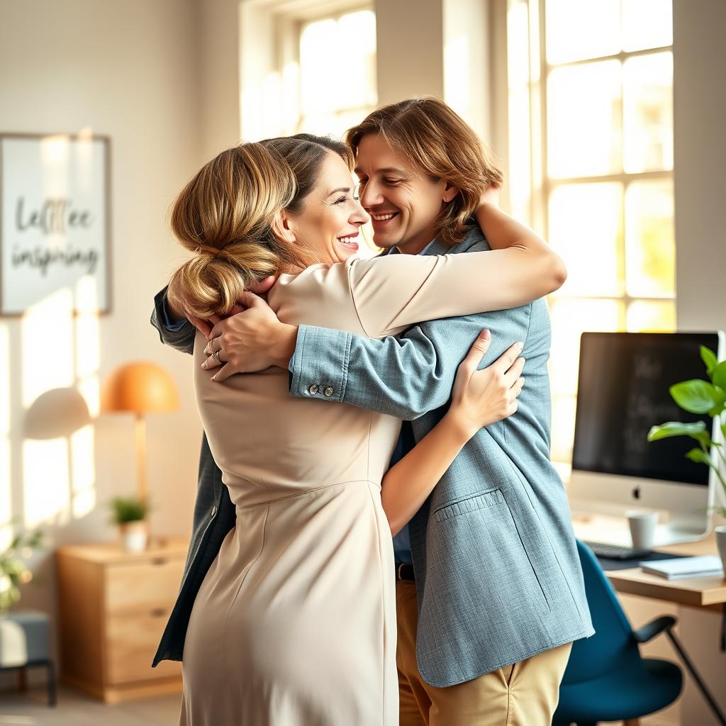 A heartwarming scene capturing a 'warm embrace with a young secretary