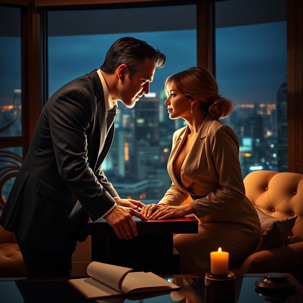A passionate scene depicting 'forbidden love with a young secretary