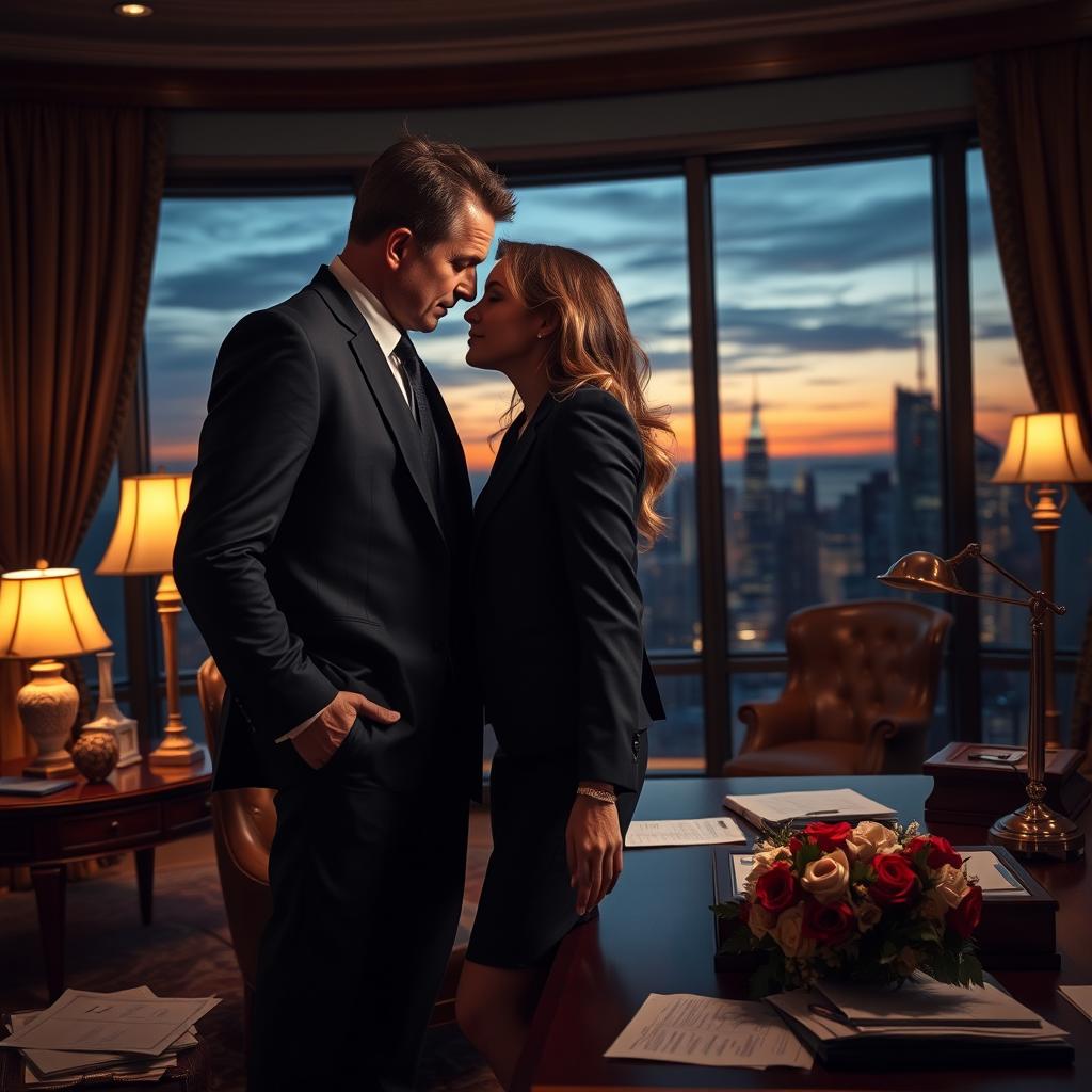 A passionate and dramatic scene representing 'forbidden love with a young secretary
