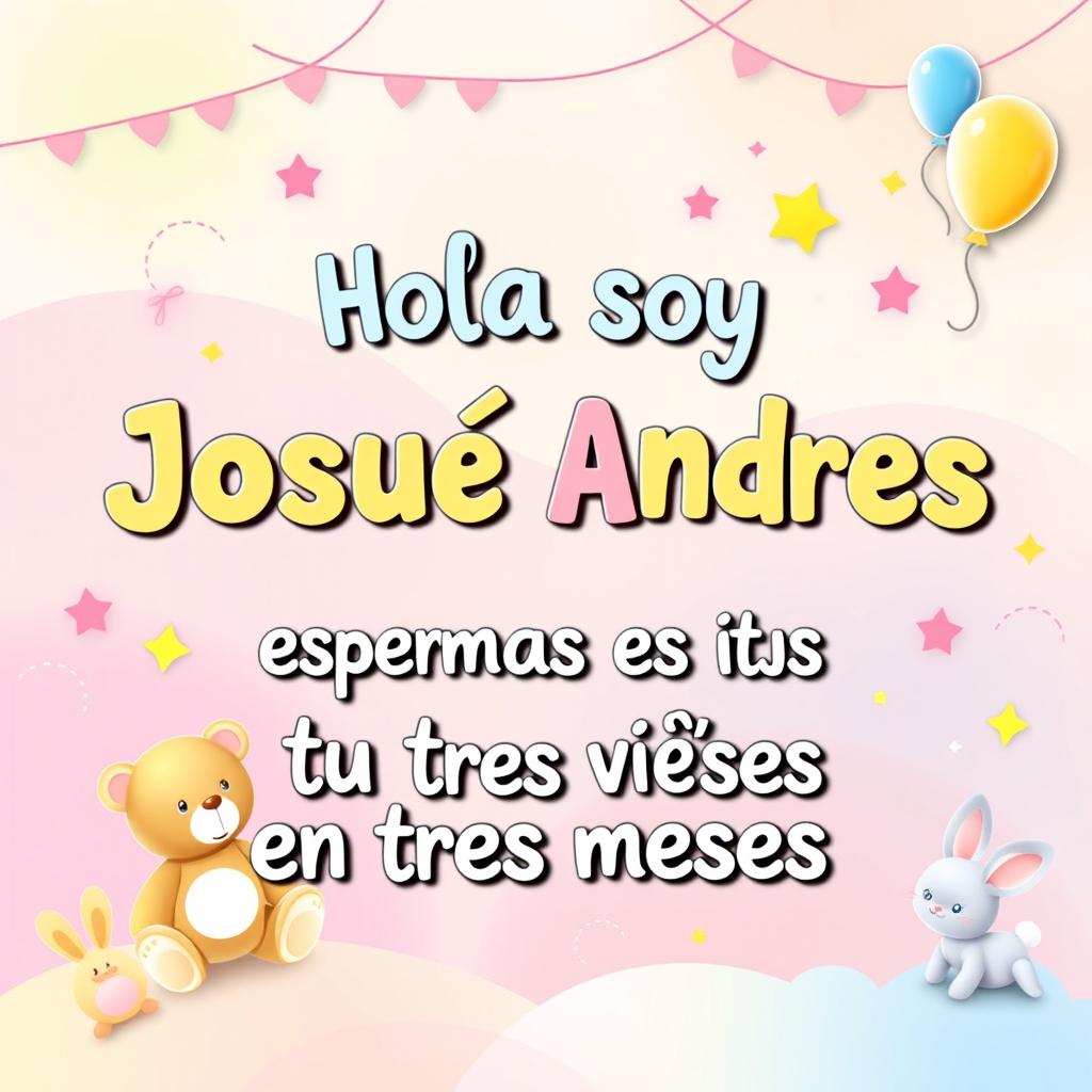 A colorful and playful baby greeting card design that says "Hola soy Josué Andrés, esperamos tu visita en tres meses" in cheerful fonts