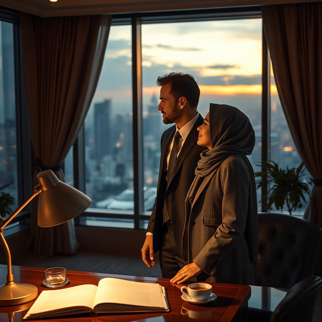 A rich and emotional scene representing 'forbidden love with a young secretary in a hijab