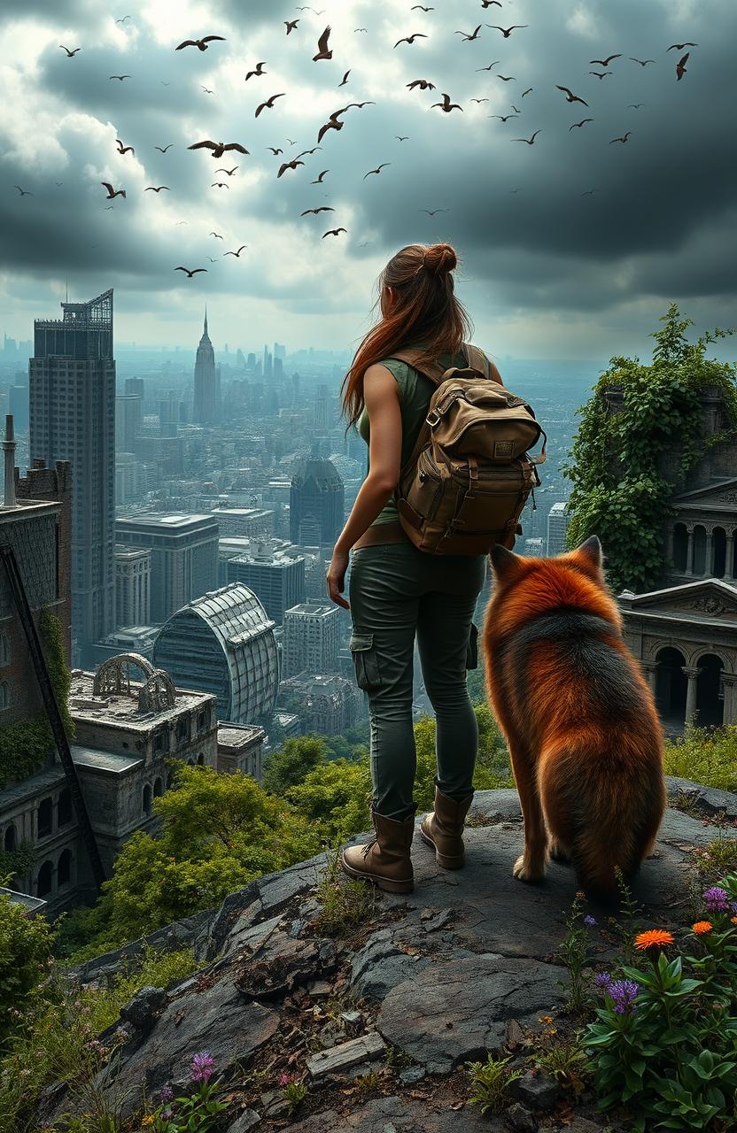 A woman in survival gear standing confidently on a hilltop, gazing out over a sprawling post-apocalyptic city landscape