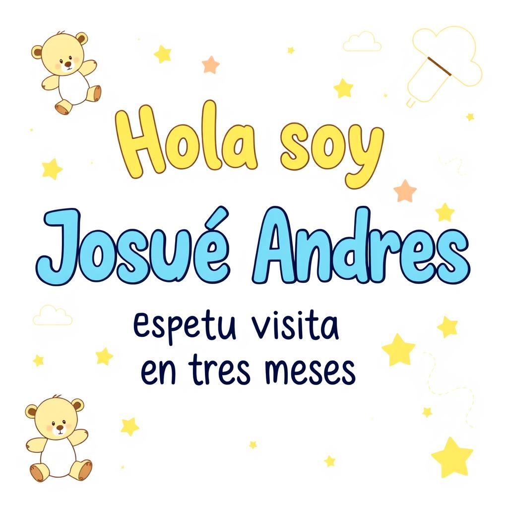 A cheerful and playful design featuring the text "Hola soy Josué Andrés, Esperamos tu visita en tres meses" in Spanish