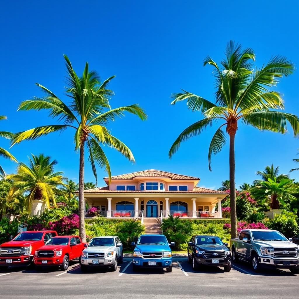 A beautiful villa set amidst a tropical paradise, featuring two lush palm trees swaying gently in the breeze