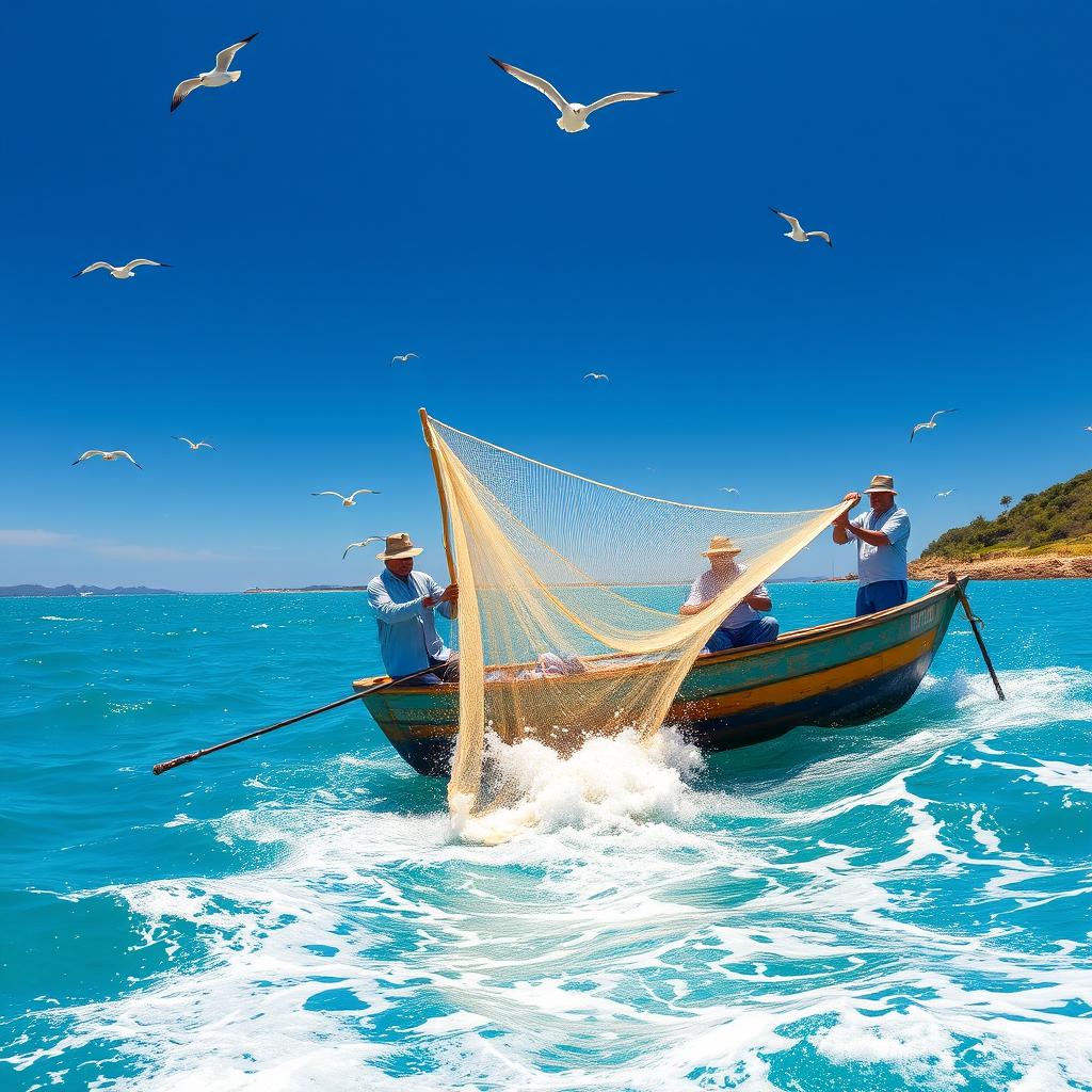 A lively scene of fishermen catching fish from a vibrant blue sea