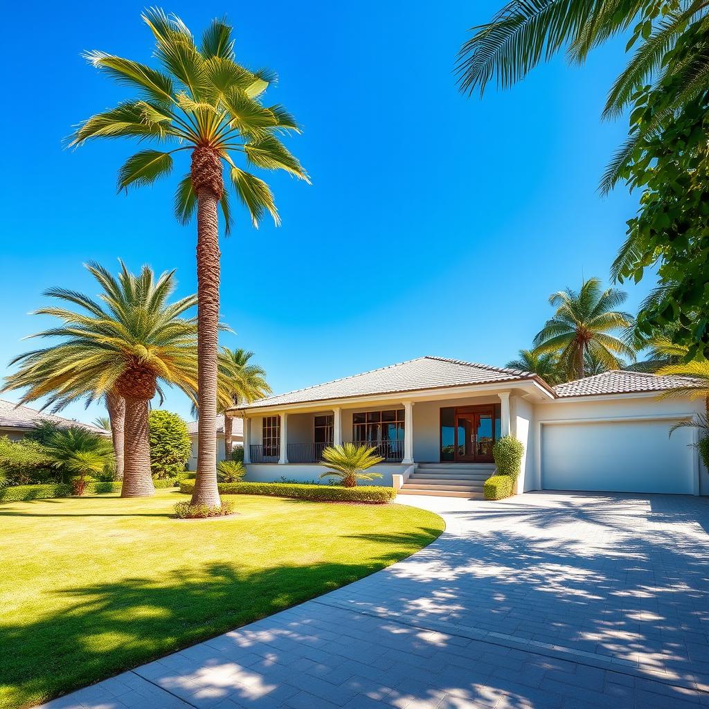 A beautiful villa with a spacious yard featuring two tall palm trees, set in a sunny tropical setting