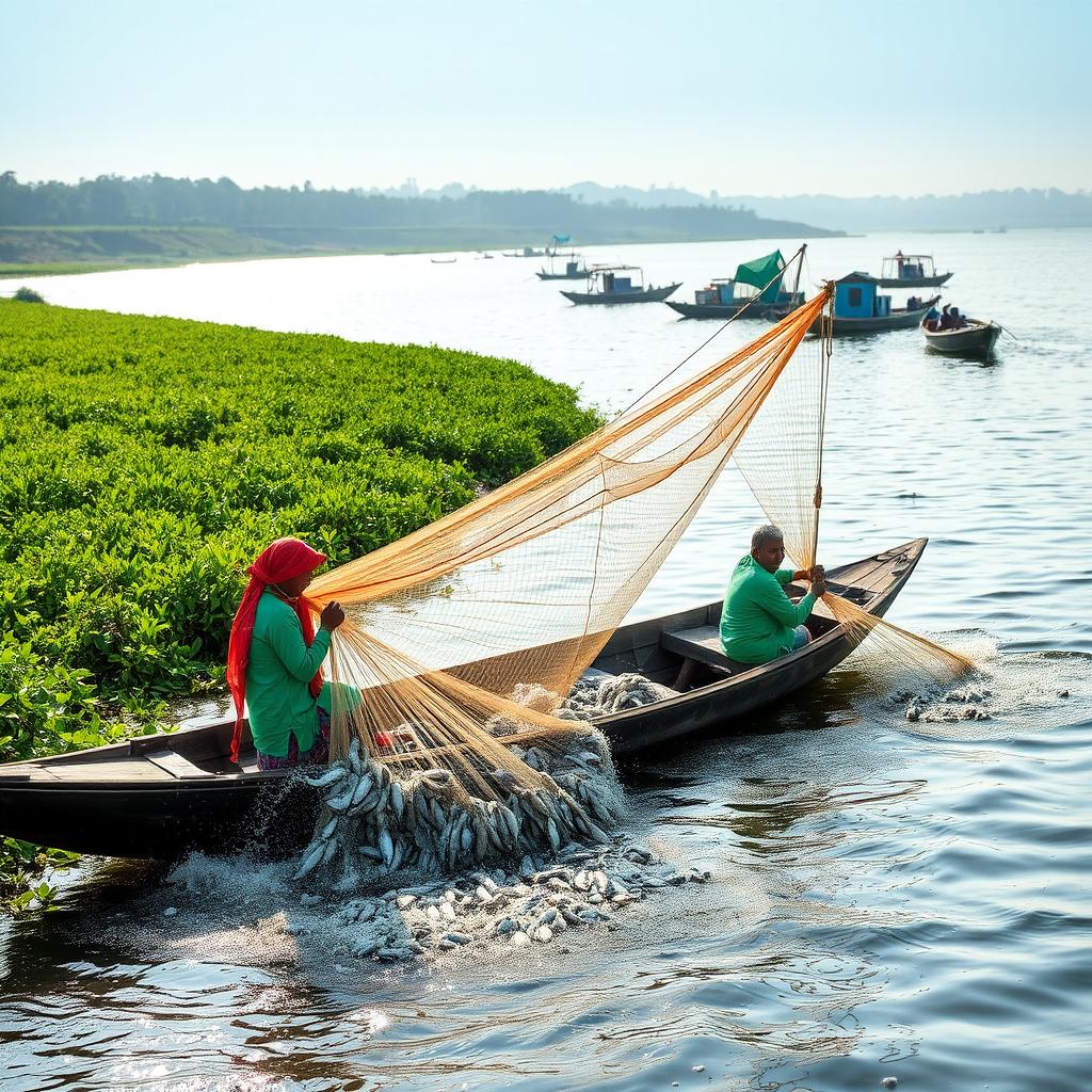 A vivid scene of Bangladeshi fishermen working diligently in a traditional wooden boat, catching jatka hilsa fishes using a large net