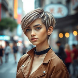 A young woman with stylish short hair, exuding confidence and charisma