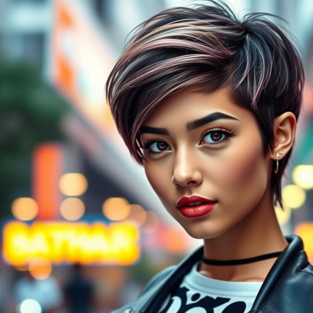 A young woman with stylish short hair, exuding confidence and charisma