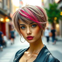 A young woman with stylish short hair, exuding confidence and charisma
