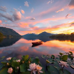 A serene and captivating scene featuring a tranquil lake surrounded by lush greenery and majestic mountains in the background